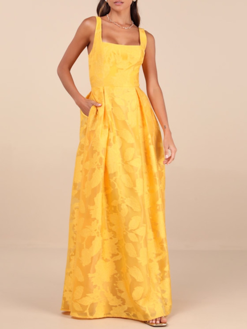 Lulus Perfected Aura Yellow Jacquard Tie-back Maxi Dress With Pockets - Size S